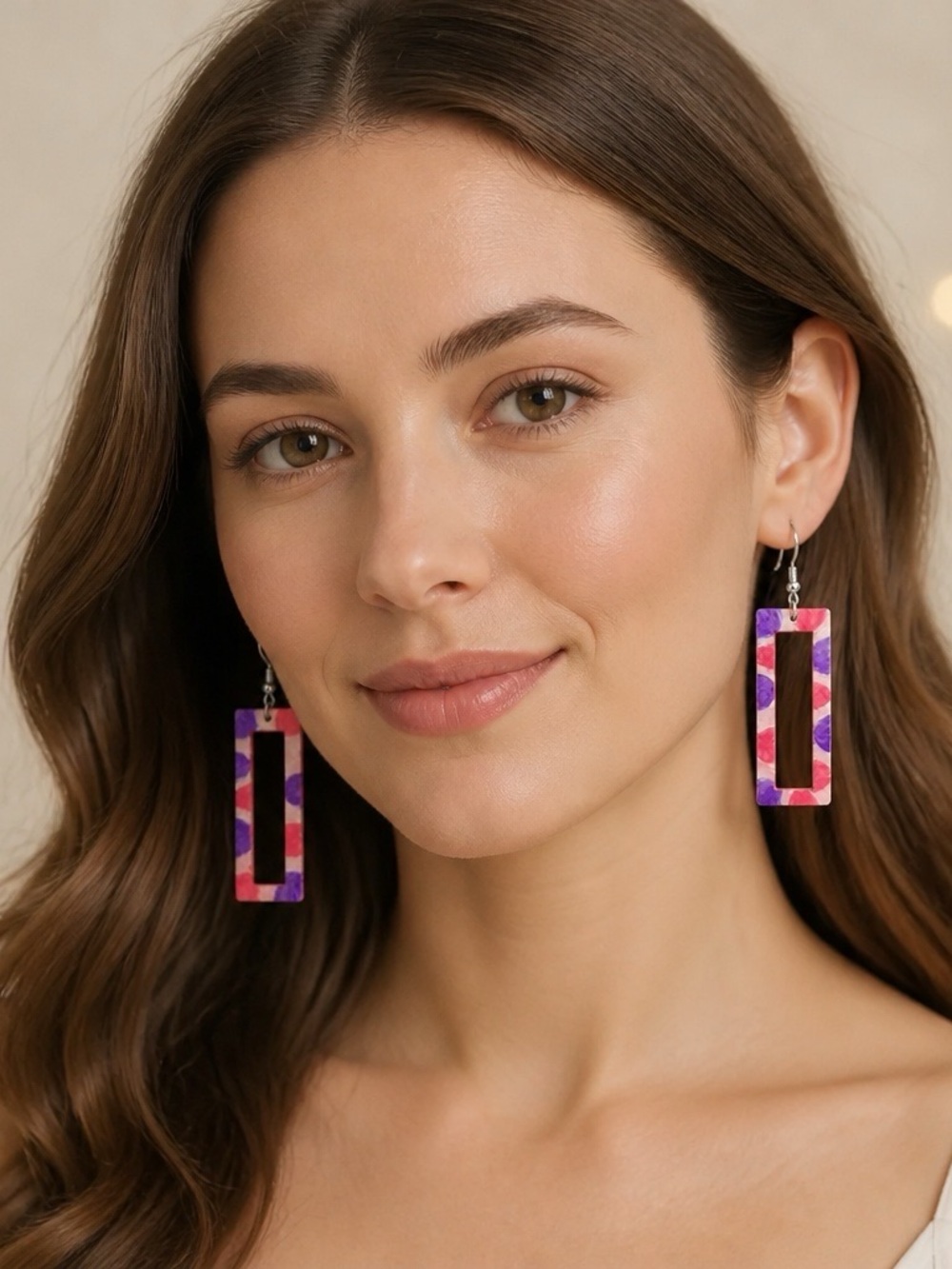 Chic Style Fashion Hand Painted Horizontal Square Pink/Purple Square Earrings